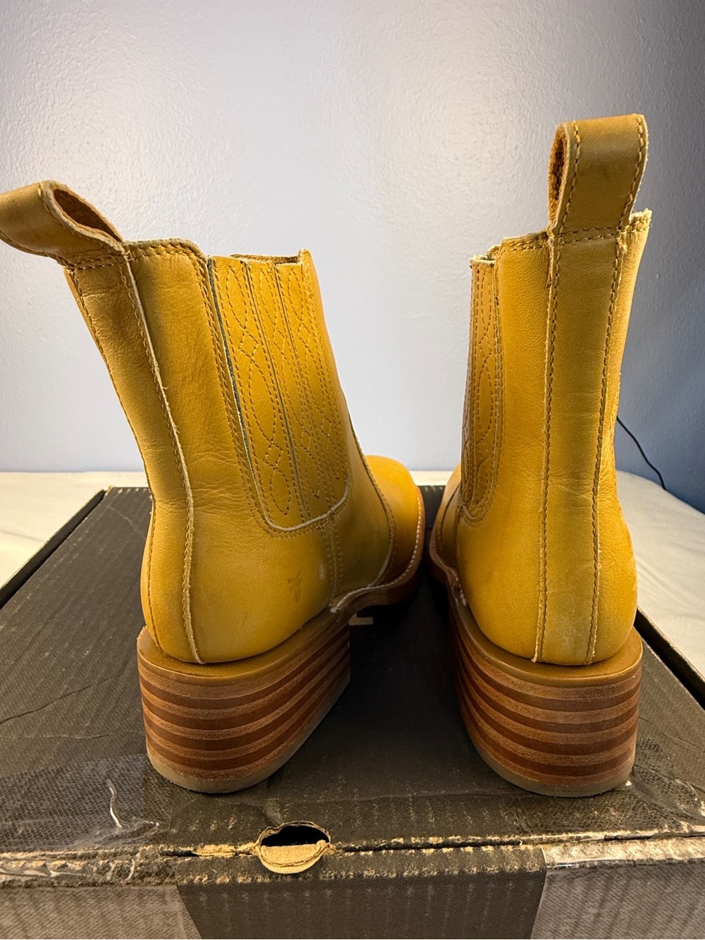 Frye Mustard Leather Western Chelsea Booties with Stacked Heel - Picture 5 of 16